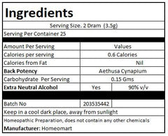 Product packaging showing ingredients: Aethusa Cynapium, Sucrose, 200C potency