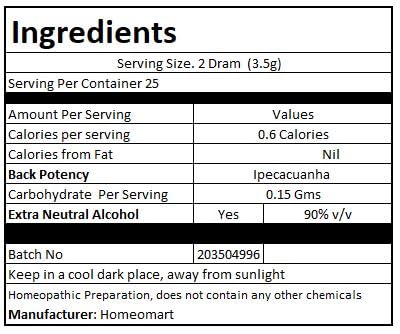 Ingredients: Ipecacuanha and sucrose used in pellets