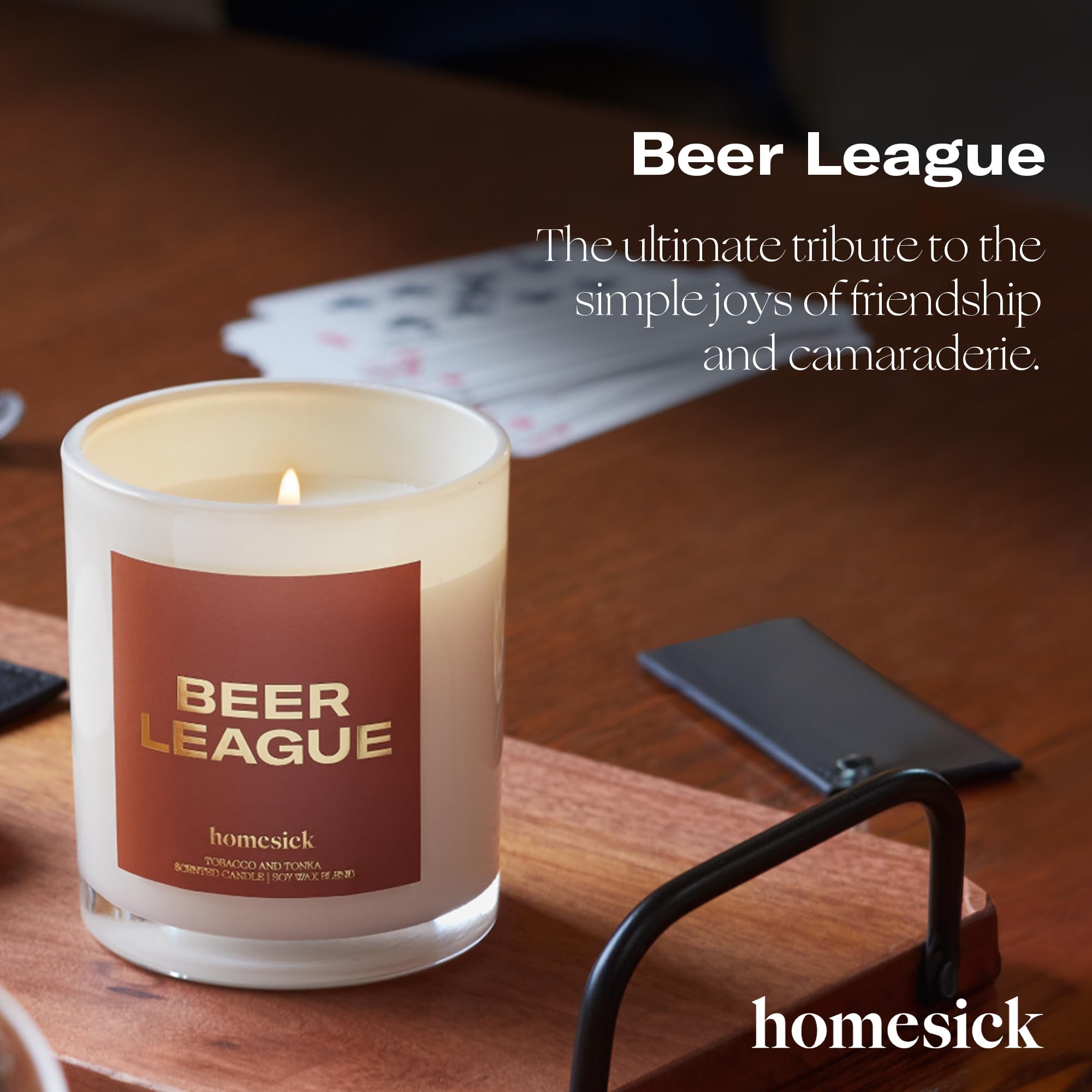 Close-up of tobacco and tonka notes on Homesick Beer League candle