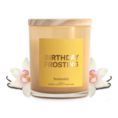 Front view of Homesick Birthday Frosting 7.5 oz candle in glass jar