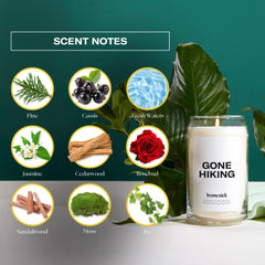 Candle with lid and Homesick branding for Gone Hiking scent