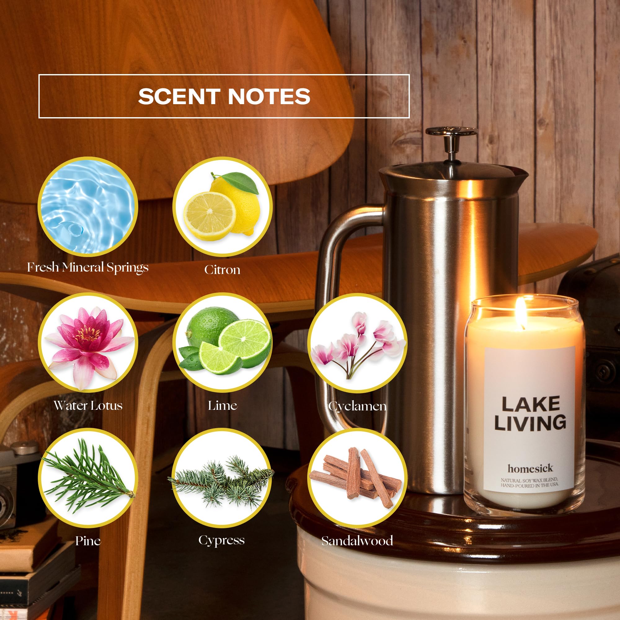 Side view of the Lake Living candle jar showing size and label