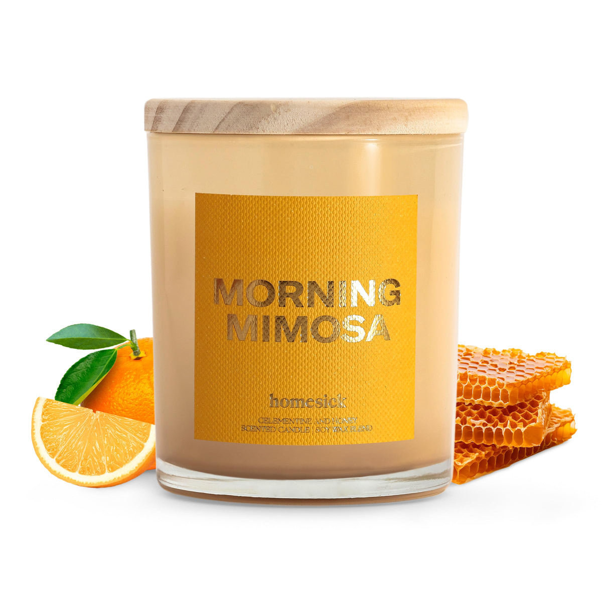 Morning Mimosa Homesick candle label and lid, 7.5 oz