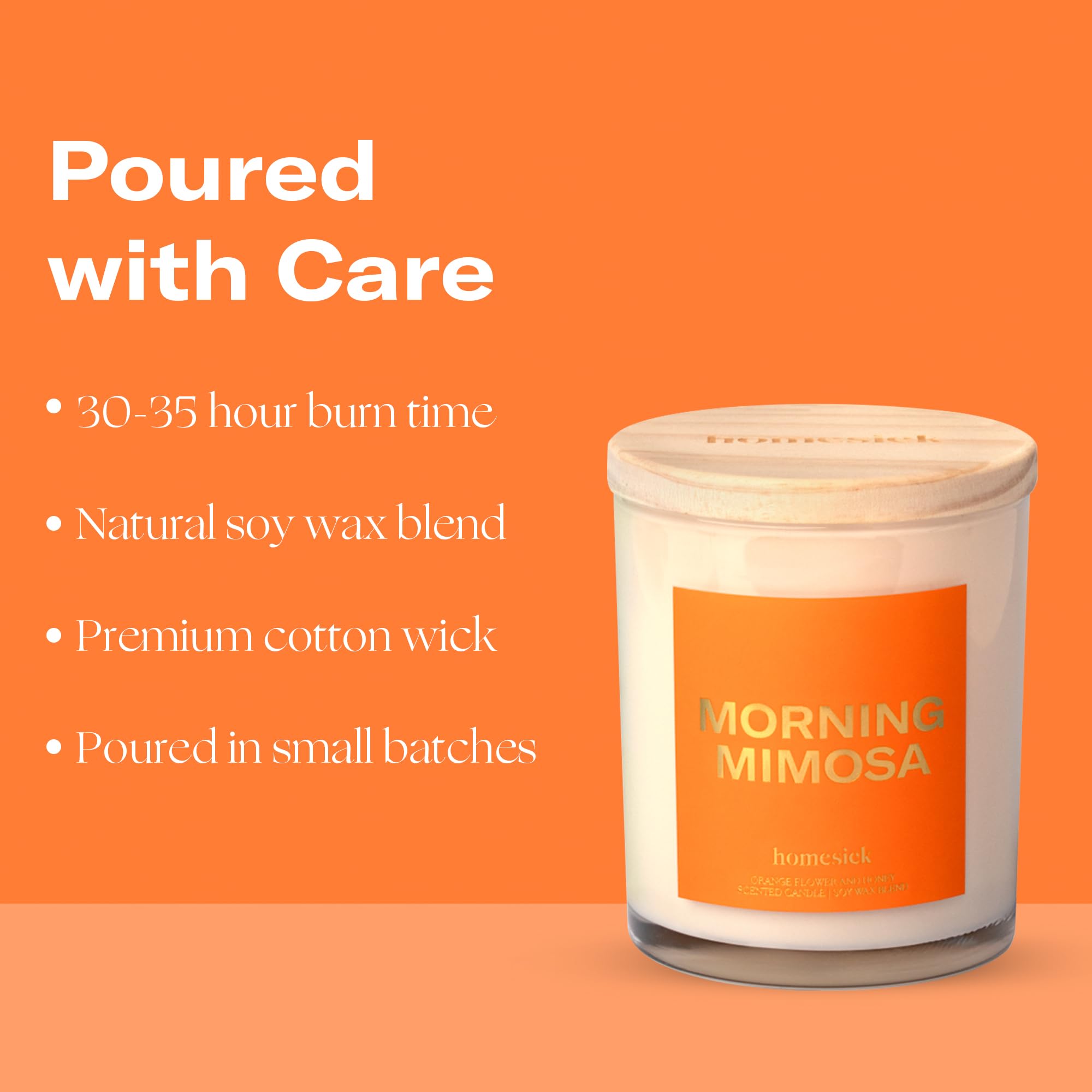 Morning Mimosa candle with orange flower and honey scent notes on label