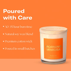 Morning Mimosa candle with orange flower and honey scent notes on label