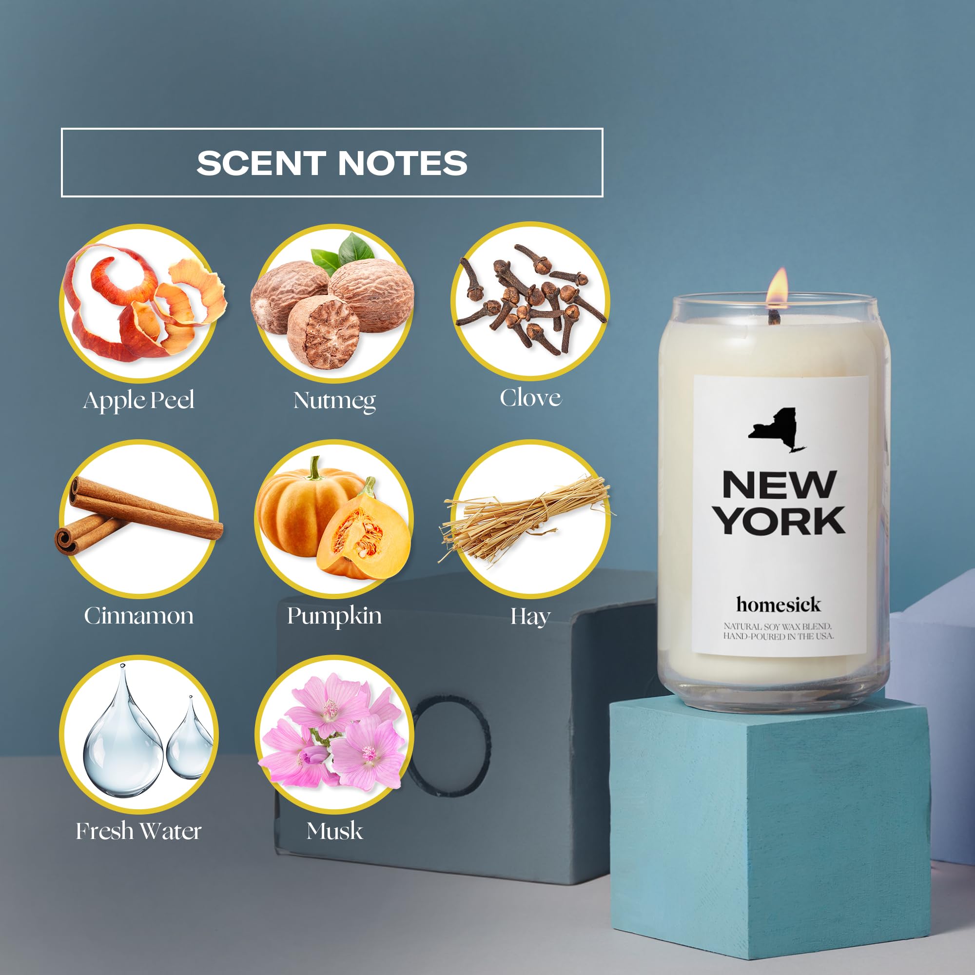 Base notes of water and musk in Homesick New York candle
