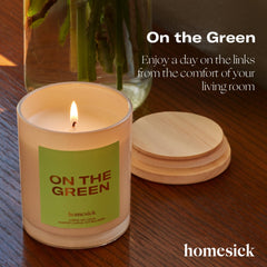 Side view of Homesick On The Green 7.5 oz jar candle