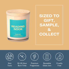 Lit Reading Nook candle glowing with warm light