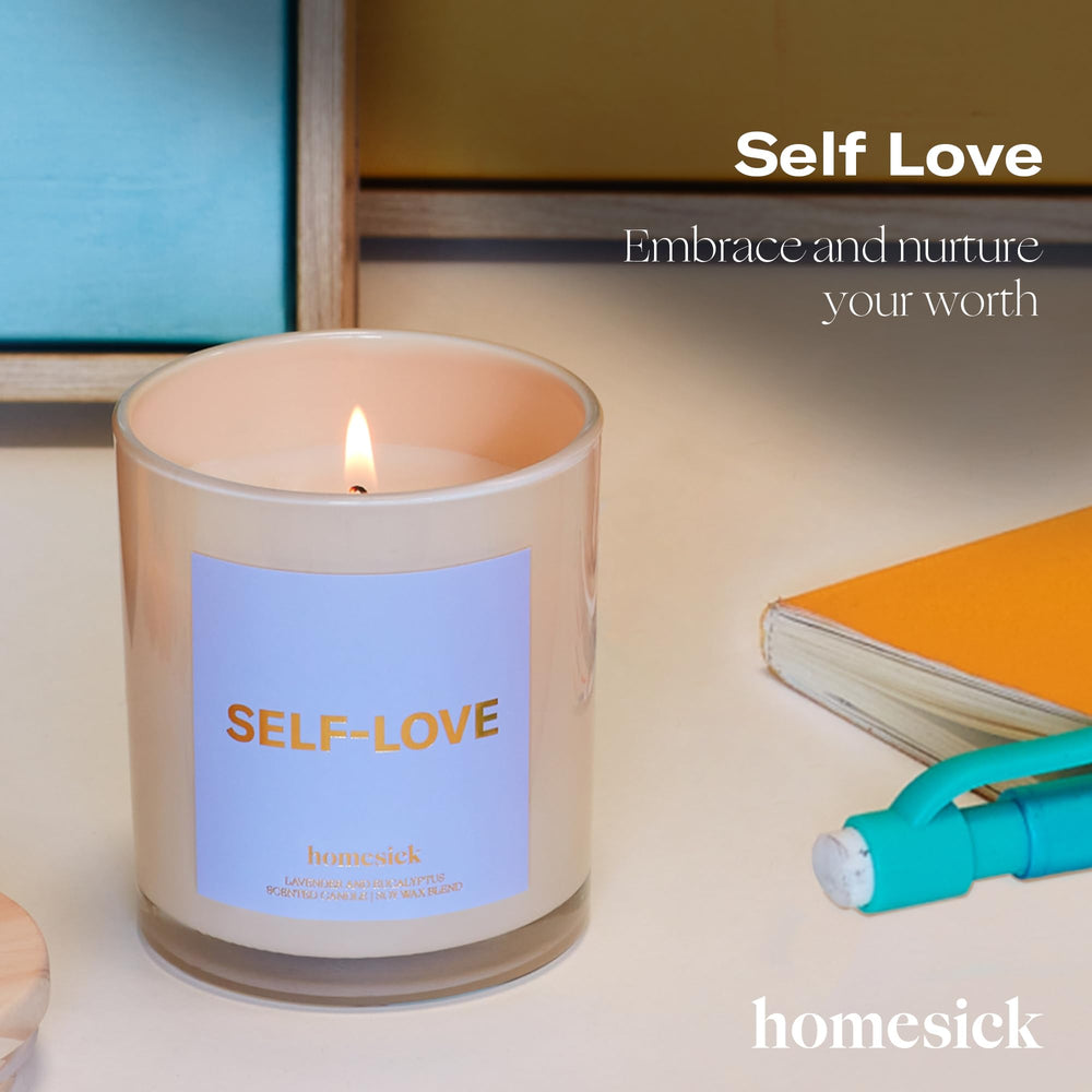 Side view of Homesick Self Love Starter Candle 7.5 oz jar