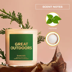 Top view showing label with patchouli and cypress notes on Homesick candle