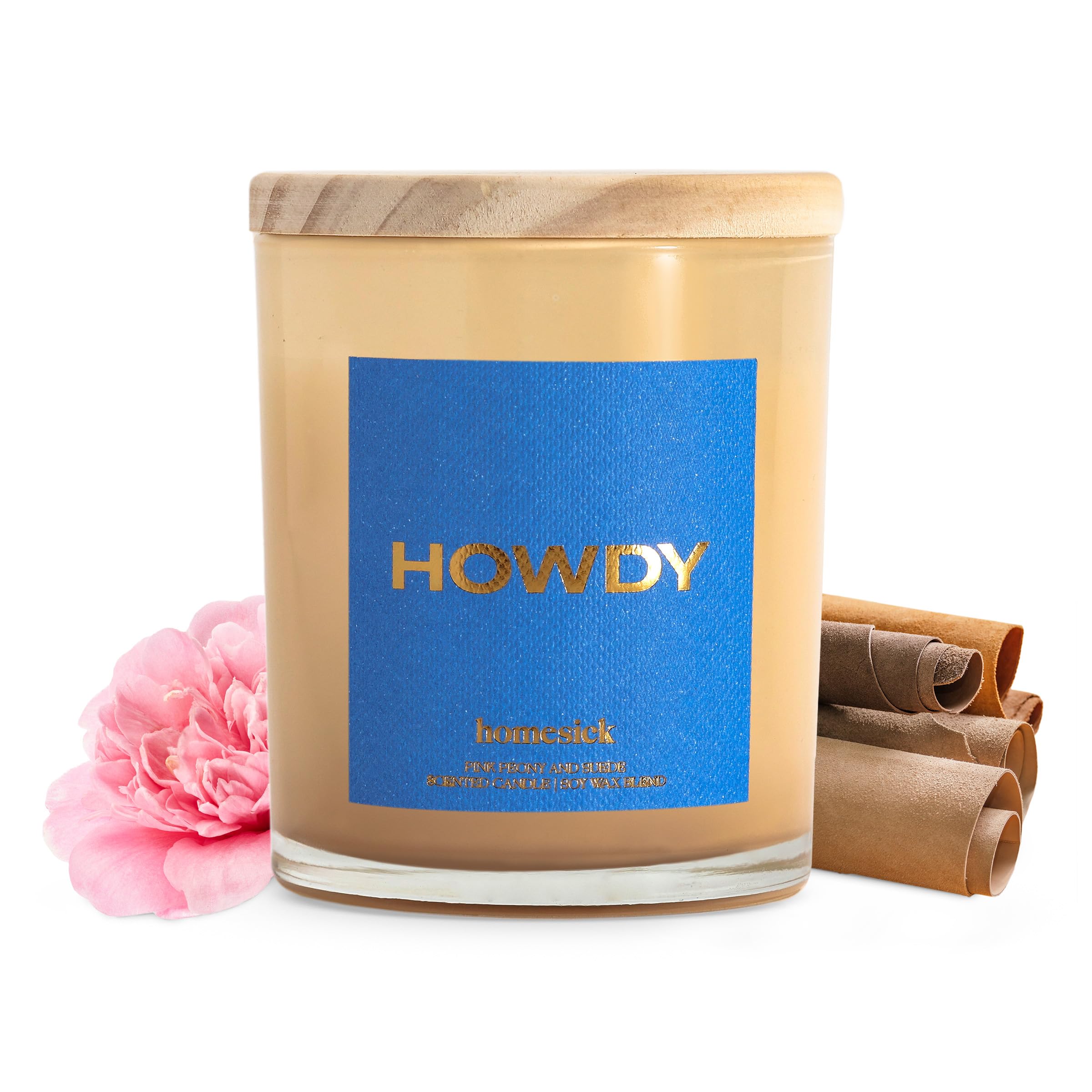 Homesick Howdy 7.5oz candle label featuring Pink Peony & Suede