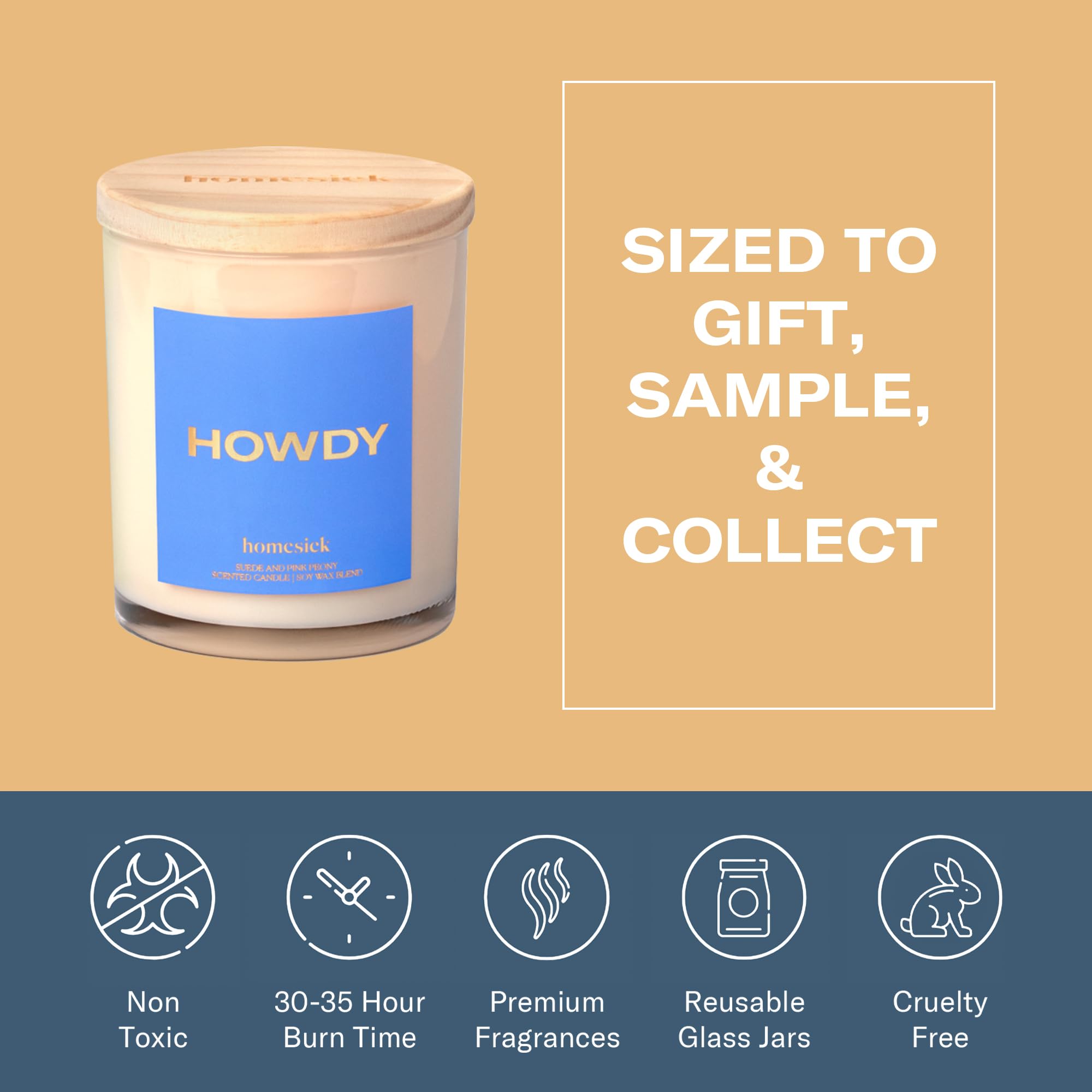 Homesick Howdy 7.5oz candle packaging and jar on a wooden surface