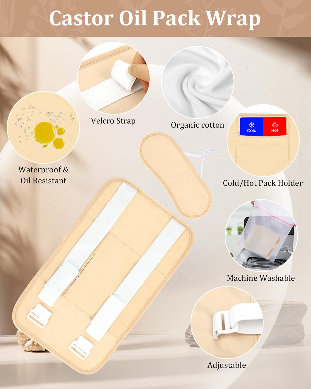 Castor oil pack kit including wrap, patches and oil
