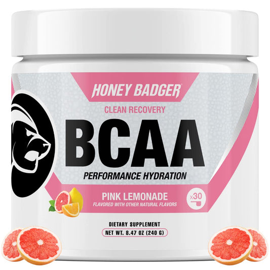 Honey Badger BCAA + EAA Powder Pink Lemonade container – front view