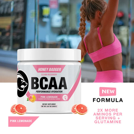Close-up nutrition label on Honey Badger BCAA + EAA Powder Pink Lemonade