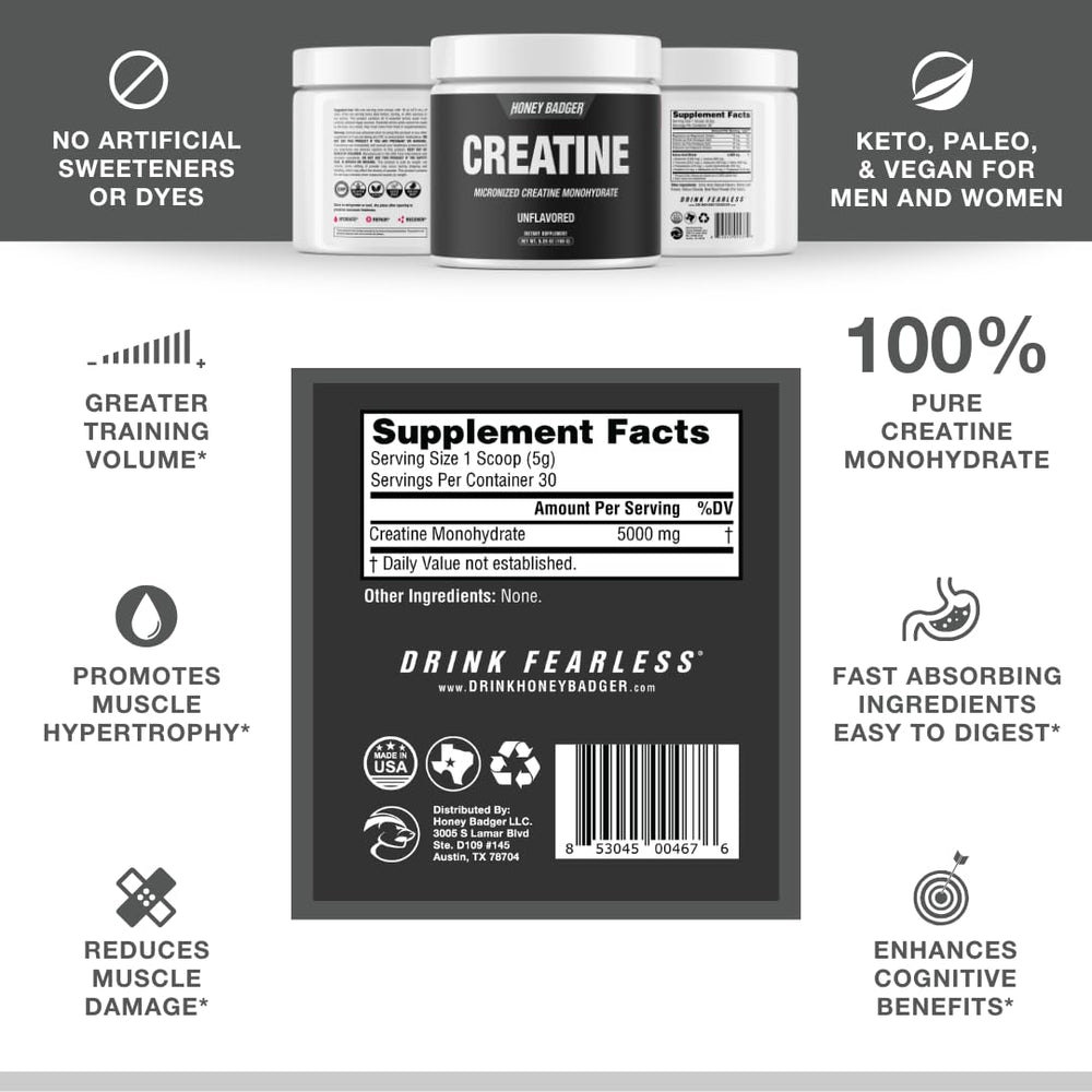 NSF-certified Honey Badger Creatine Monohydrate packaging