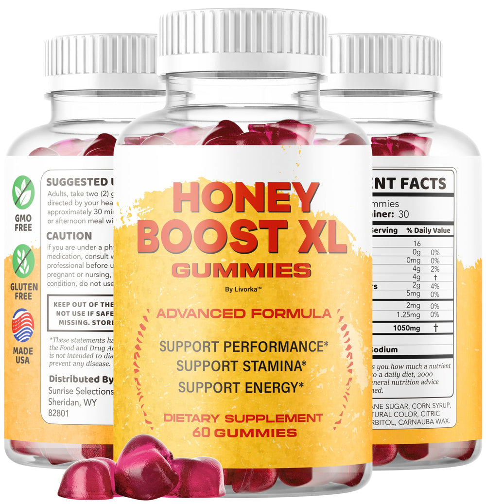 Product shot of Honey Boost XL Gummies on a table