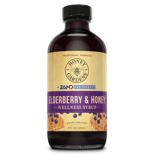 Front view of Honey Gardens Elderberry & Honey Immune Syrup bottle, 8 oz
