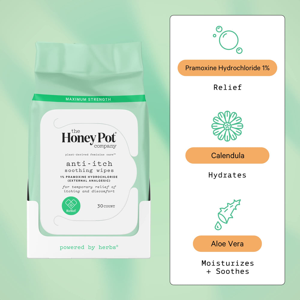 The Honey Pot Anti-Itch Wipes application close-up showing quick-use action.