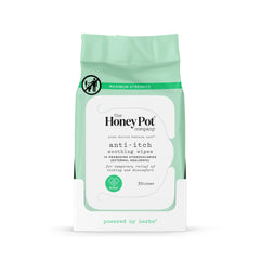 The Honey Pot Anti-Itch Wipes packaging 30 count for on-the-go relief.