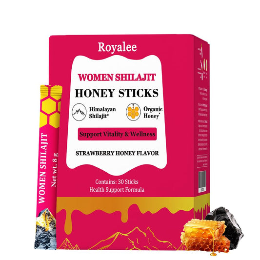 Front view of Strawberry Flavor Shilajit Honey Sticks for Women
