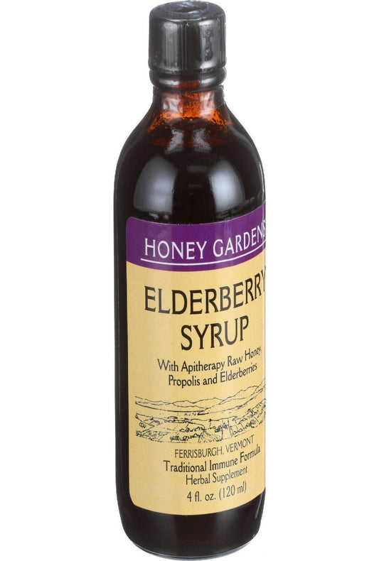Product label for Elderberry & Honey Syrup 4 oz bottle with Honey Gardens branding