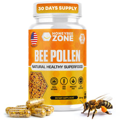 Bottle of HONEYBEEZONE Bee Pollen Supplement in veggie capsules