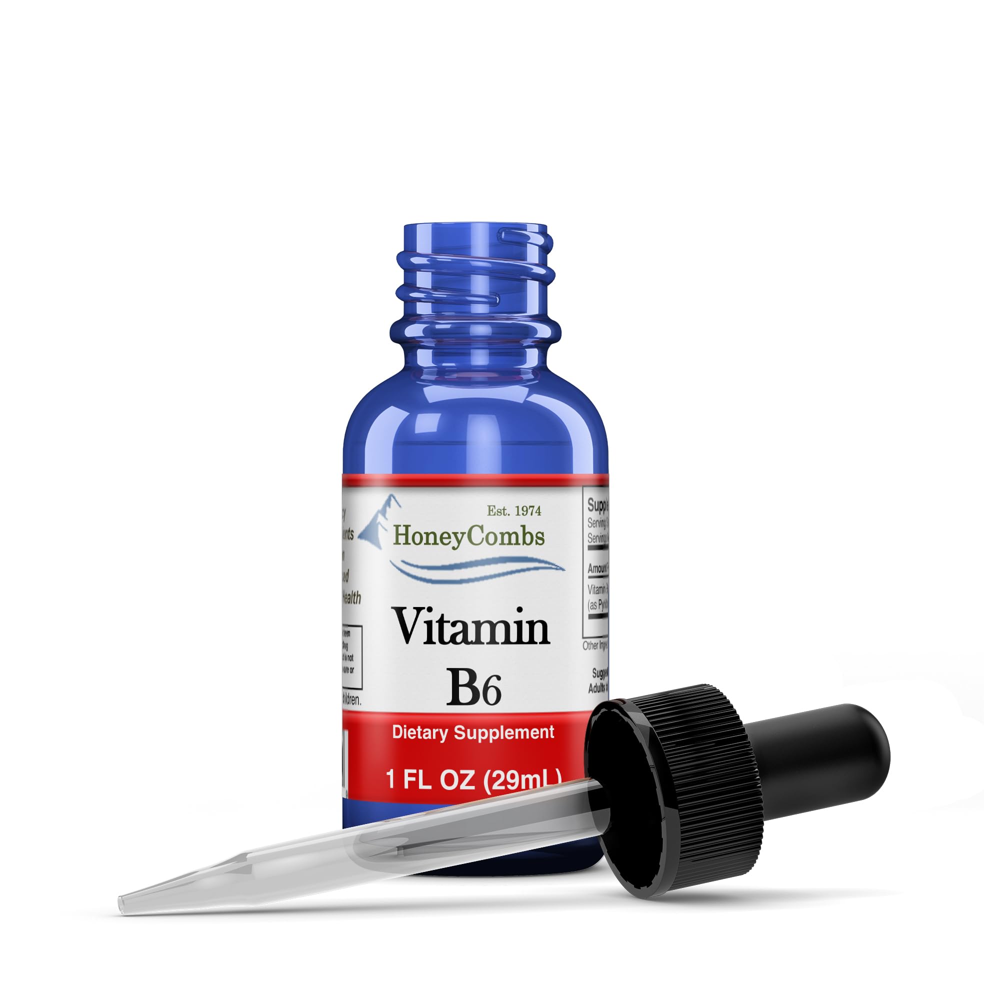 HoneyCombs Vitamin B6 Pyridoxine Liquid Drops bottle showing 500% DV and USA-made label