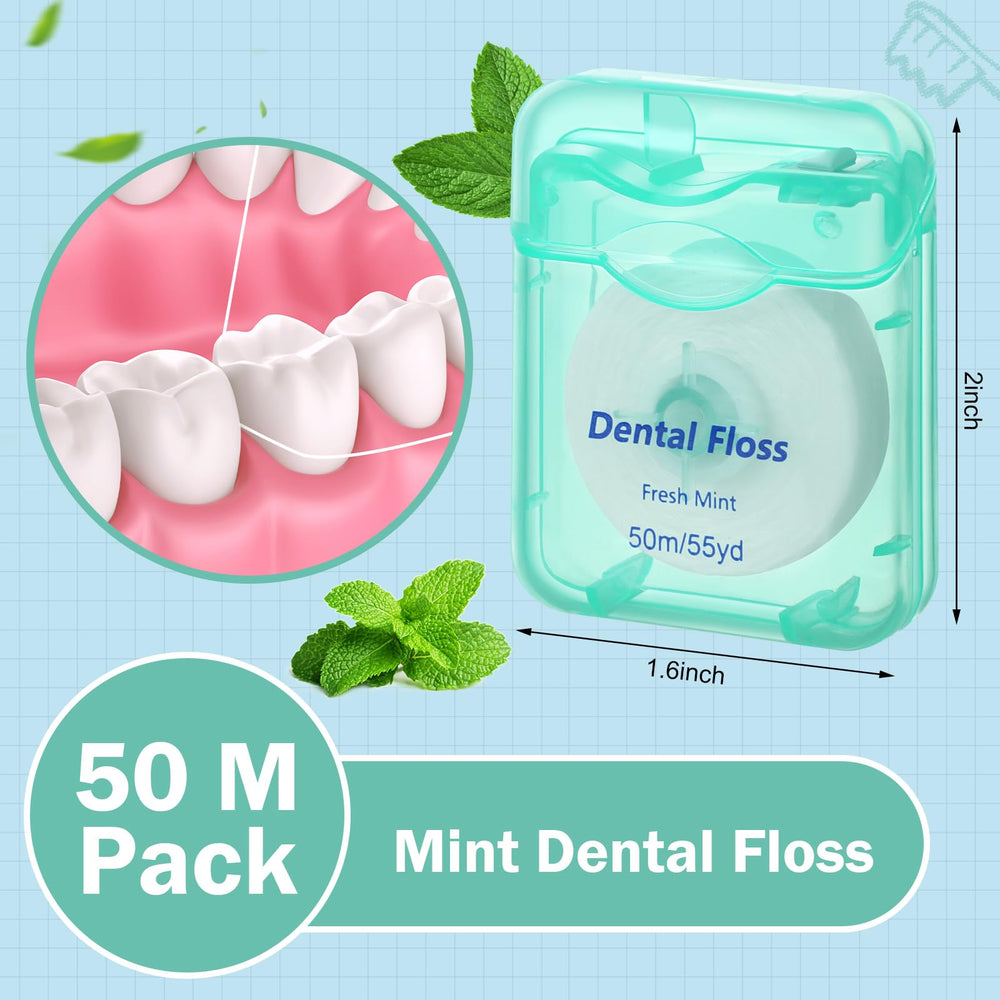 Mint-flavored dental floss close-up showing 50 m length