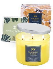 Close-up of product label on the candle jar
