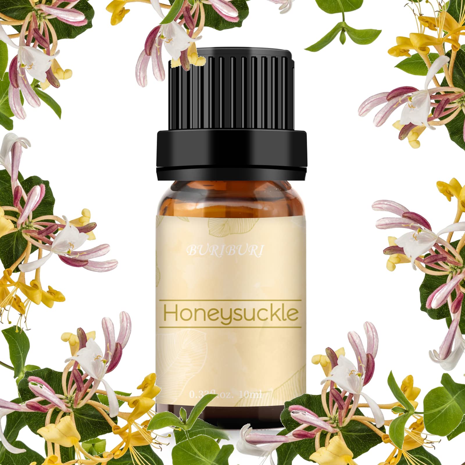 Amber glass bottle of BURIBURI Honeysuckle Essential Oil, 10ml