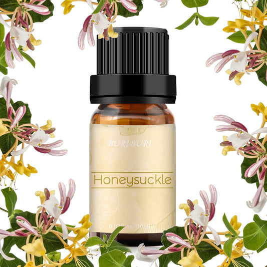 Amber glass bottle of BURIBURI Honeysuckle Essential Oil, 10ml
