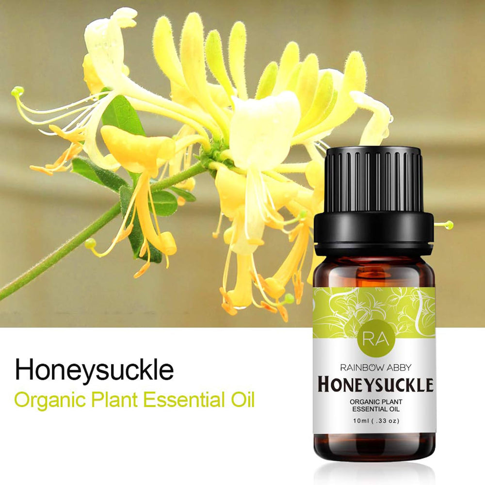 Close-up of Honeysuckle essential oil bottle label