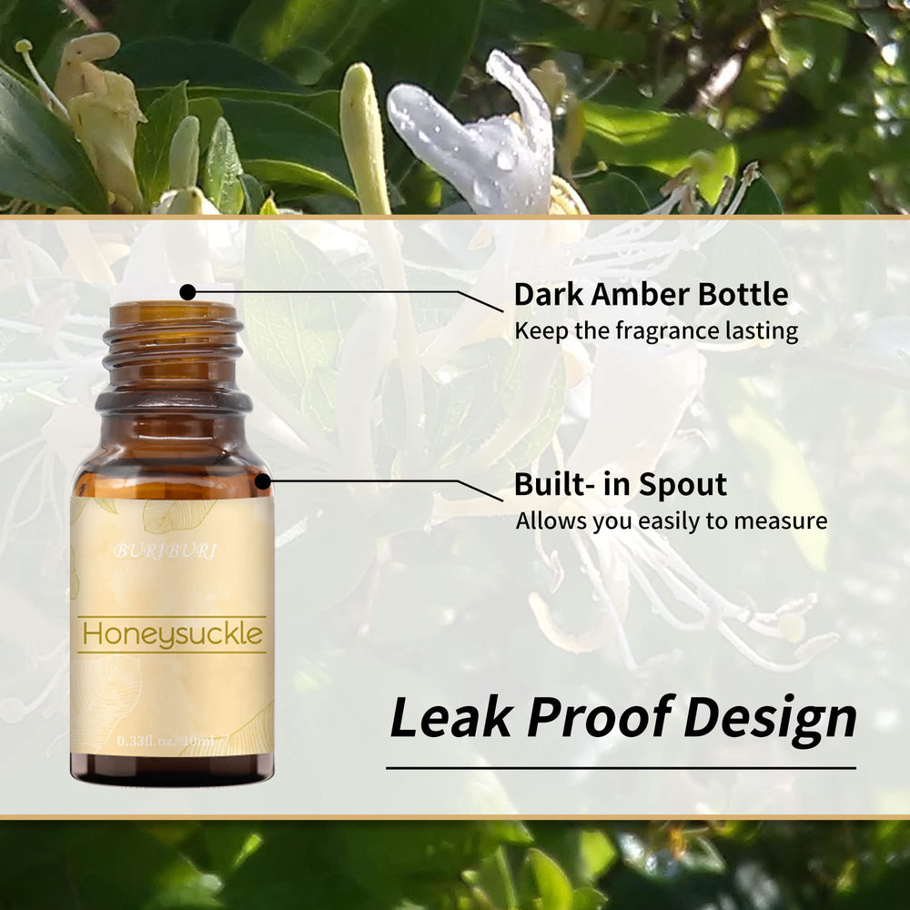 Honeysuckle essential oil label on amber bottle