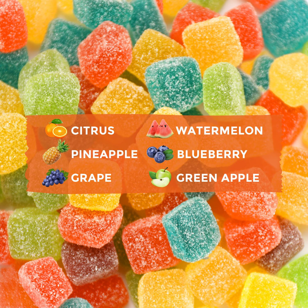 Close-up of chewy hemp gummies in big cube shapes
