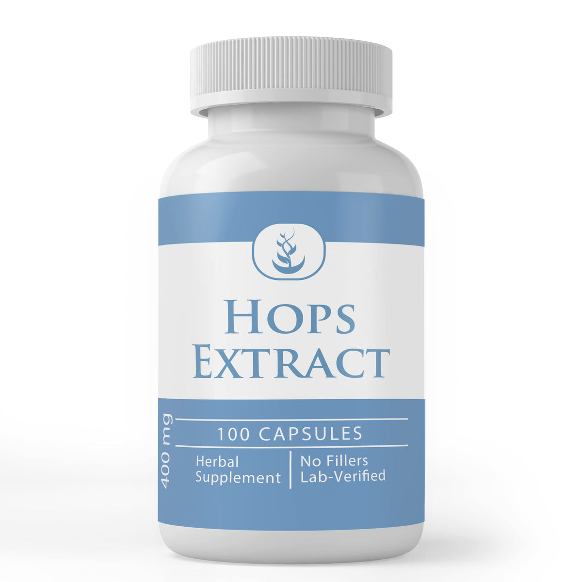 Bottle of hops extract capsules showing the 100-count package