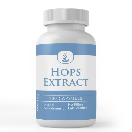 Bottle of hops extract capsules showing the 100-count package