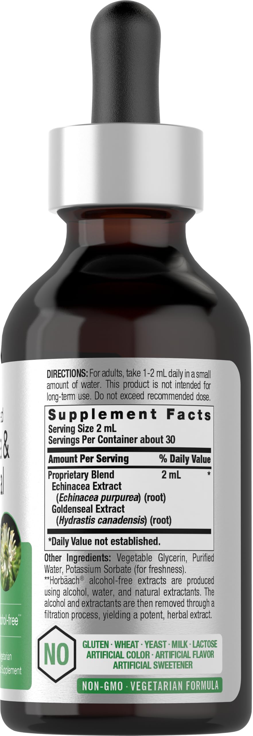 Close-up of Horbaach 2 oz liquid extract bottle