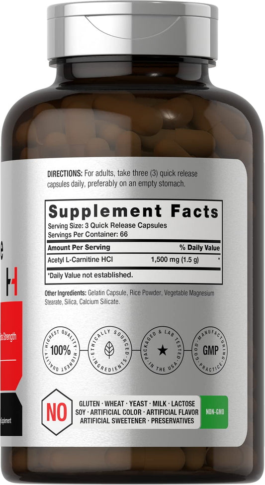 Close-up of Horbaach Acetyl L-Carnitine 1500mg bottle label