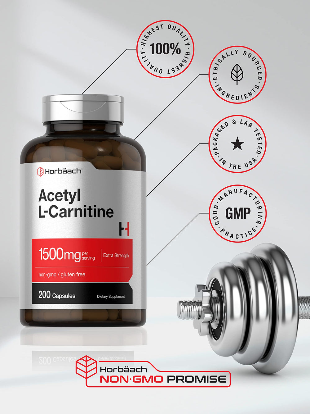 200 capsules per bottle of Horbaach Acetyl L-Carnitine 1500mg