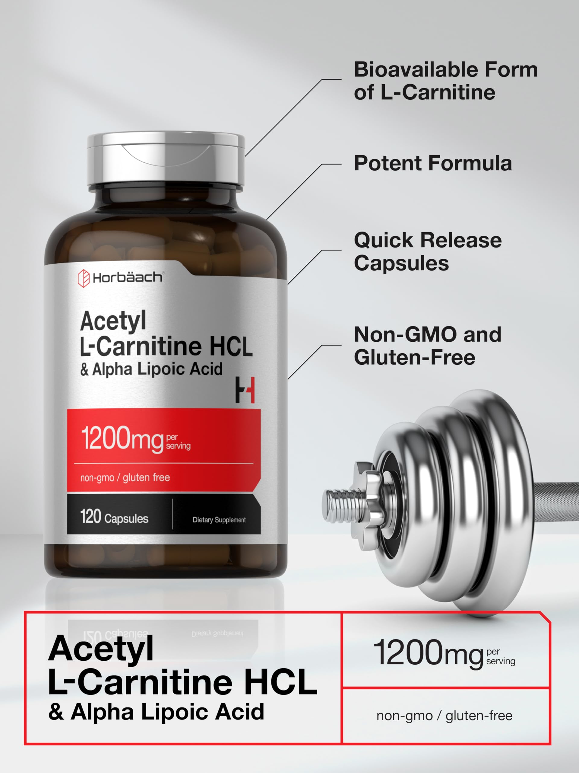 Supplement facts panel showing 1,200 mg Acetyl L-Carnitine HCL & Alpha Lipoic Acid
