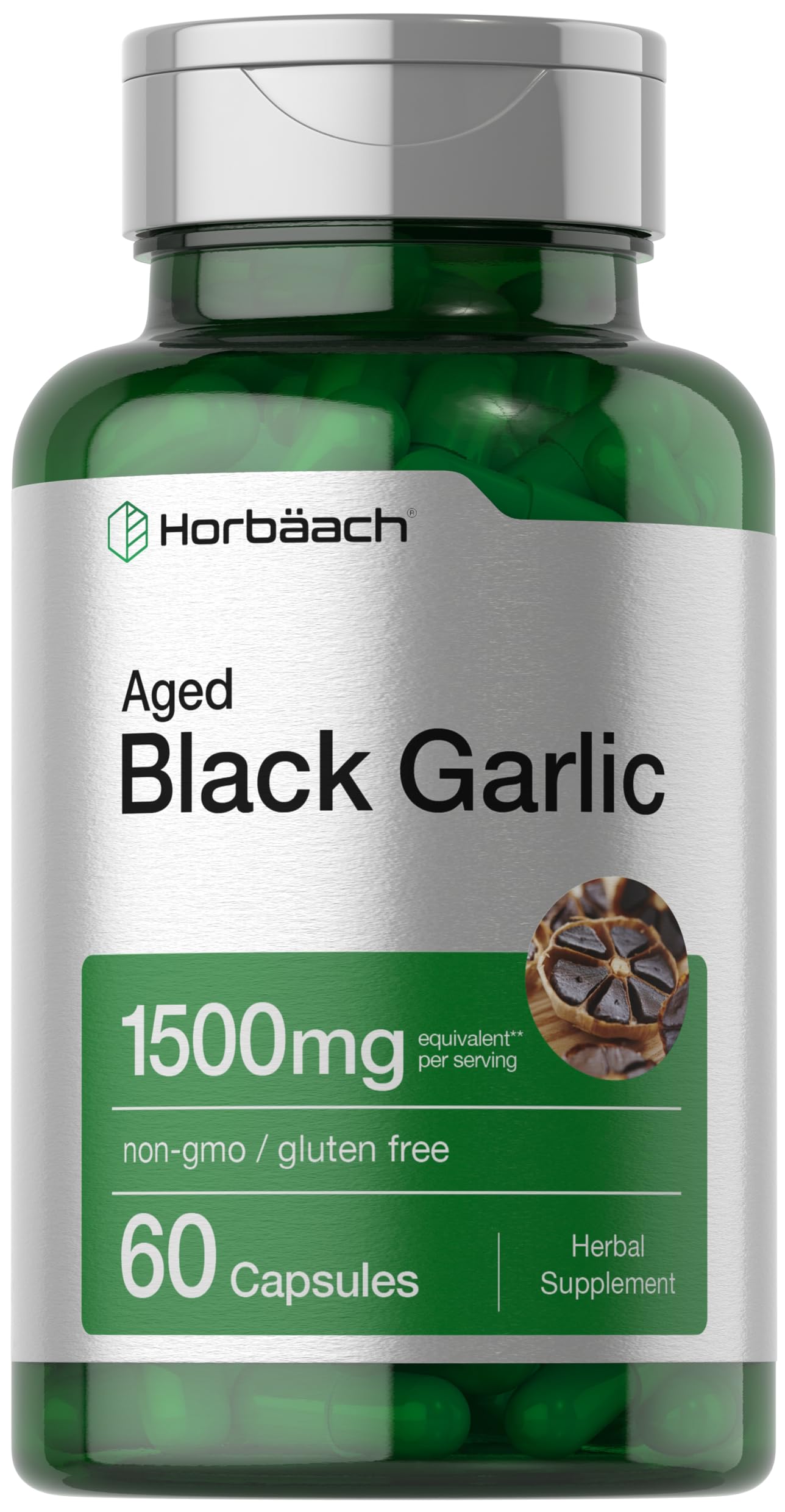 Front view of Horbäach Aged Garlic Extract Capsules 1500mg 60-count bottle