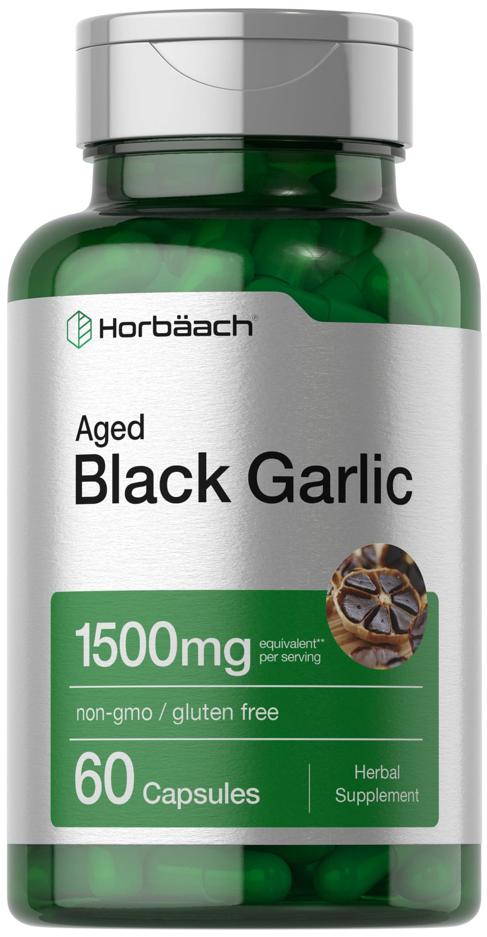Front view of Horbäach Aged Garlic Extract Capsules 1500mg 60-count bottle