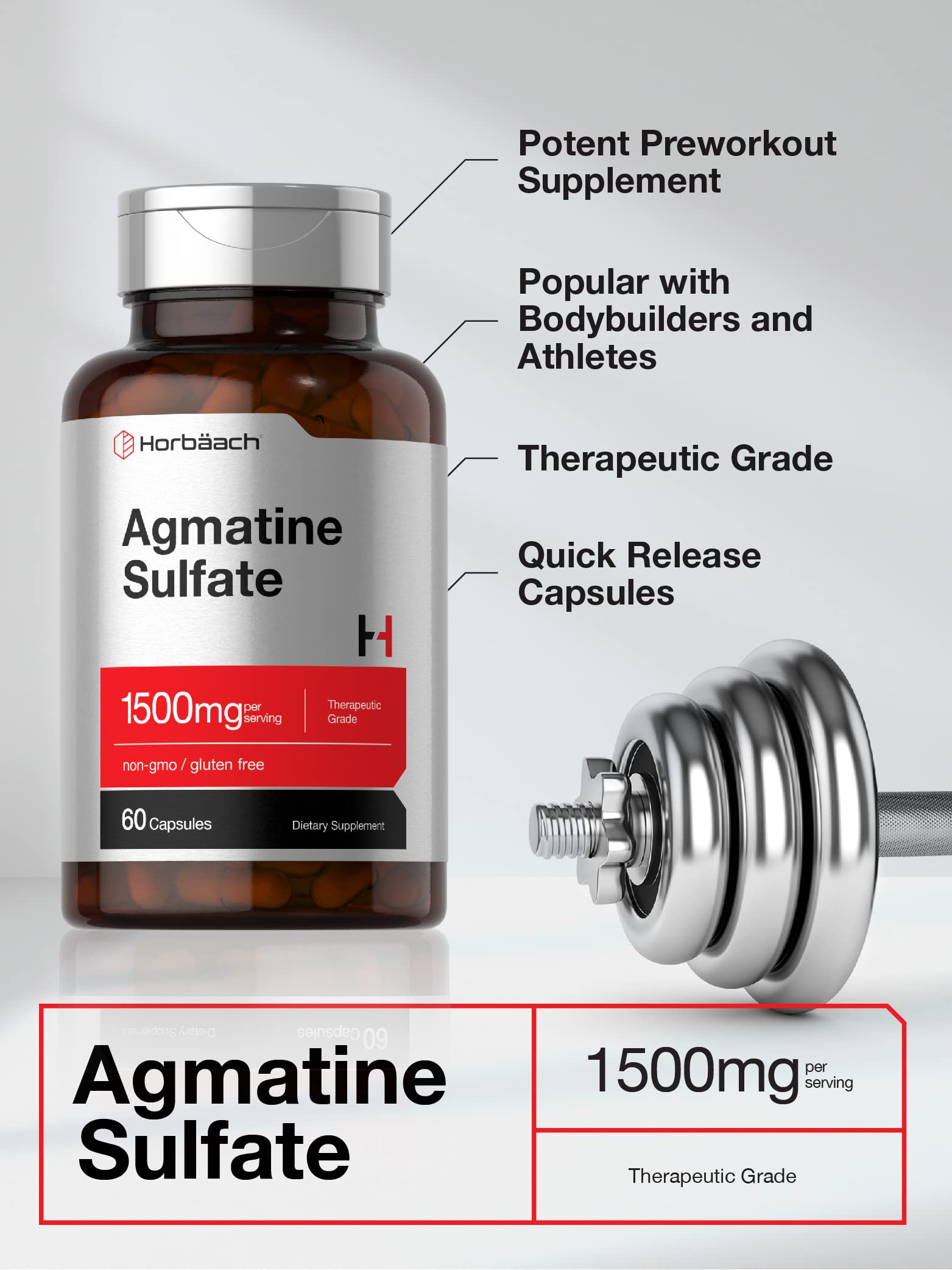 Front packaging of Horbäach Agmatine Sulfate Capsules - pharmaceutical grade