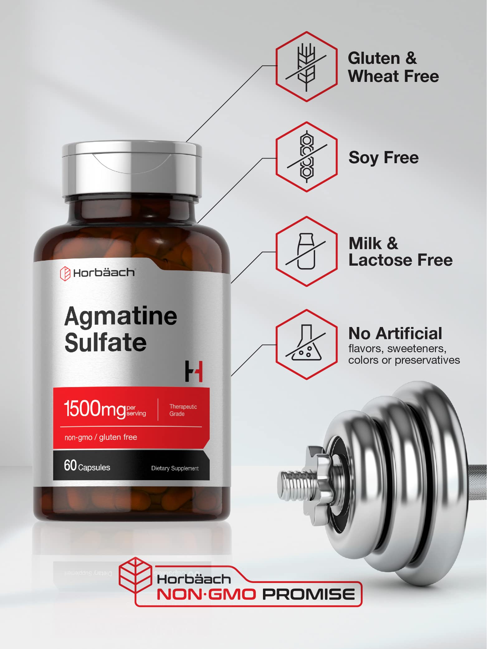 Non-GMO and gluten-free Horbäach Agmatine Sulfate label