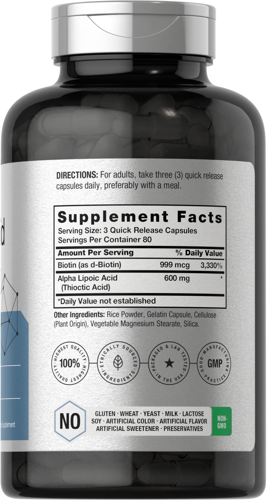 Close-up of Horbäach Alpha Lipoic Acid 600mg capsules for easy daily intake.