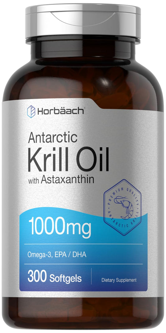 Bottle of Horbaach Antarctic Krill Oil 1000mg Softgels with 300-count packaging