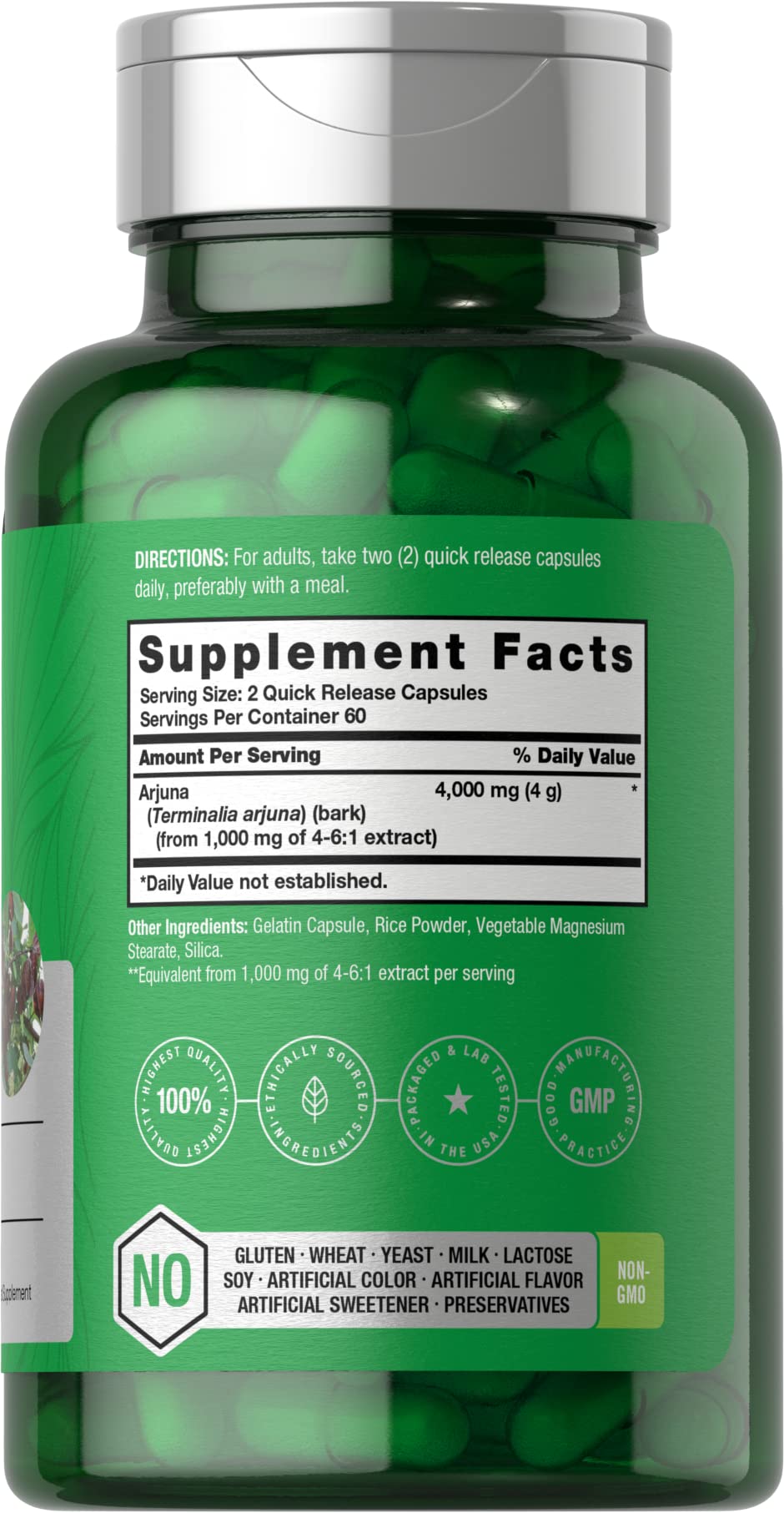 Arjuna bark extract product label and bottle