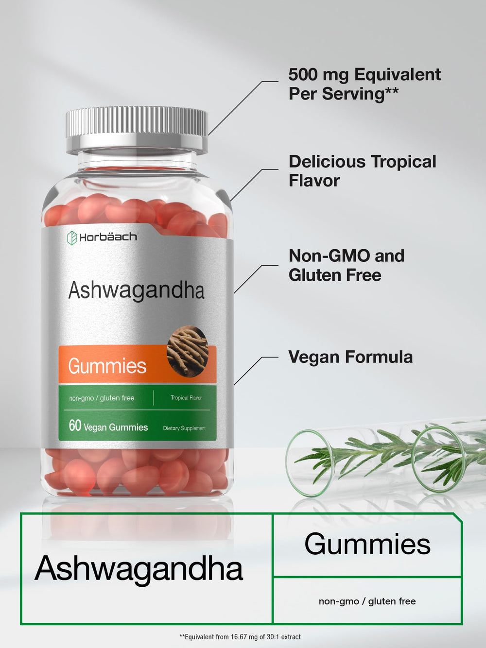 Horbäach Ashwagandha Gummies tropical flavored label close-up