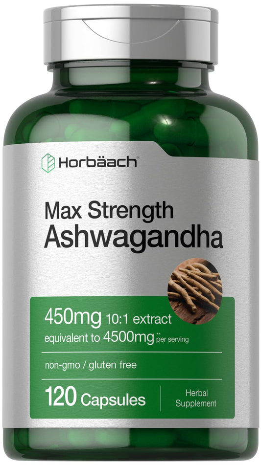 Bottle of Horbaach Ashwagandha Supplement 120 capsules - front view